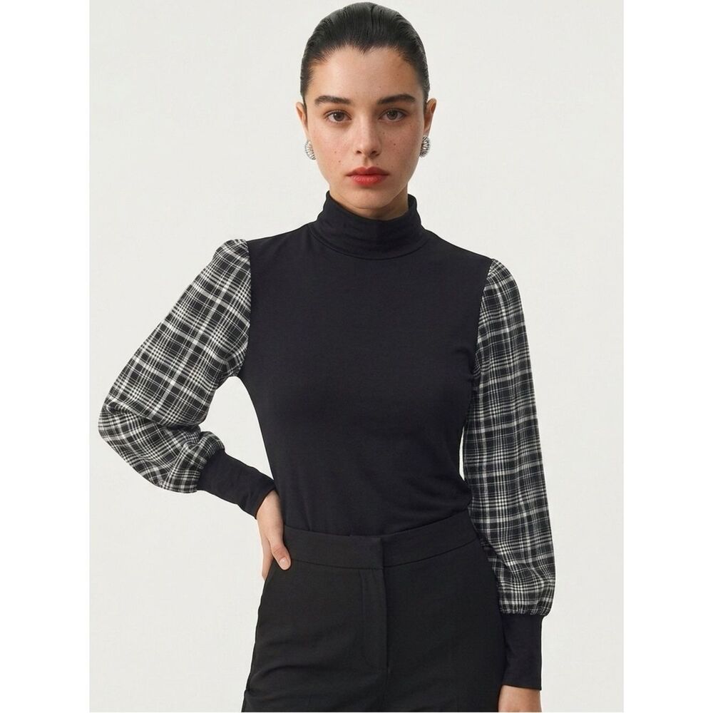 LOFT | Black High Neck Top Plaid Sheer Puff Sleeves Women’s Size Medium